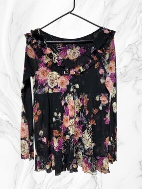 INC International Concepts Black Floral Ruffle Long-Sleeve mesh Tunic large